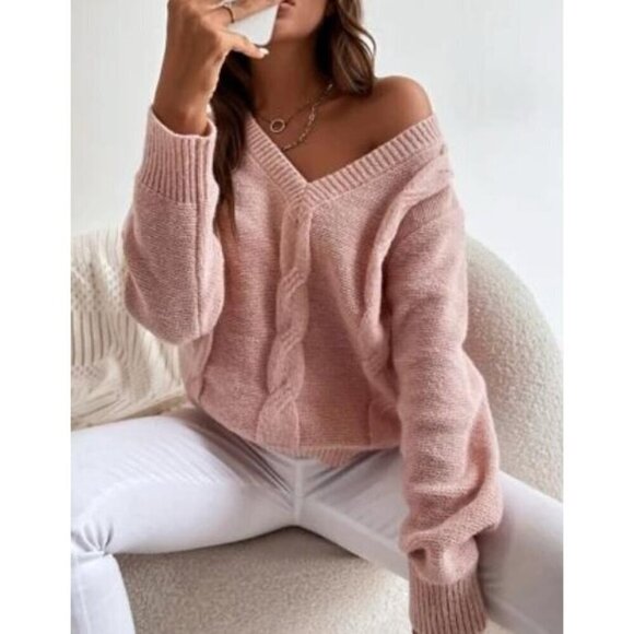 Casual Dusty Pink V-Neck Pullovers Plain - Picture 2 of 4